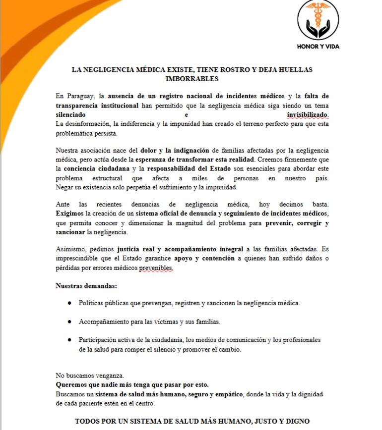 Comunicado de la Asociación Honor y Vida.