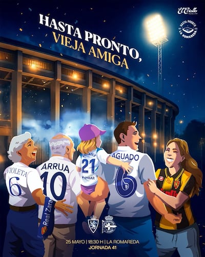 Con esta imagen , el Real Zaragoza anunciaba el último partido en la Romareda, homenajeando a agrandes leyendas que desplegaron su fútbol en el recinto, entre ellos Saturnino "Nino" Arrúa. 