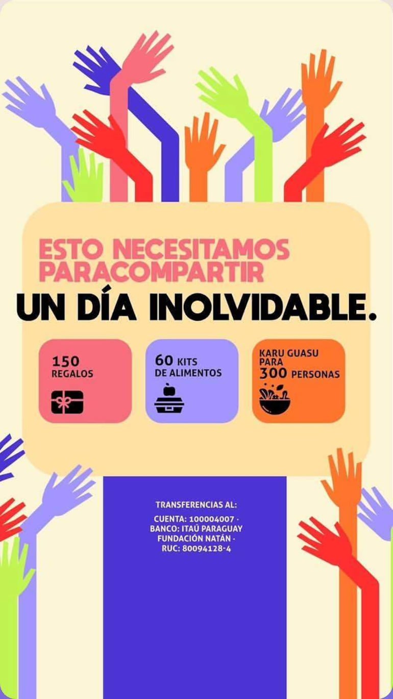 Manos de diferentes colores simbolizando colaboración, con texto que invita a donar para un día inolvidable.