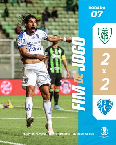 Jorge "Conejo" Benítez, en el festejo de su gol marcado el miércoles en el empate entre América Mineiro y Paysandú 2-2, por el campeonato nacional brasileño de segunda división.