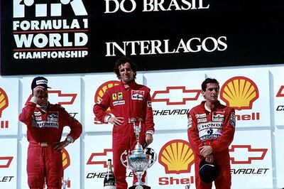 Así fue el podio del GP de Brasil de 1990: 1°) Alain Prost, 2°) Gerhard Berger y 3º) Ayrton Senna.