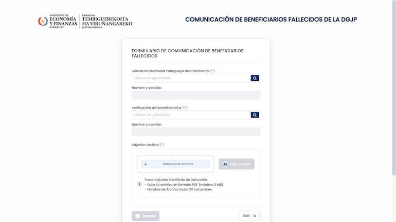 Formulario del Ministerio de Economía con encabezado visible y opciones de carga de archivos relacionadas con beneficiarios fallecidos.