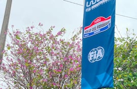 Banner colorido del Rally del Paraguay 2026, en un entorno urbano con arbustos floridos y cielo nublado.