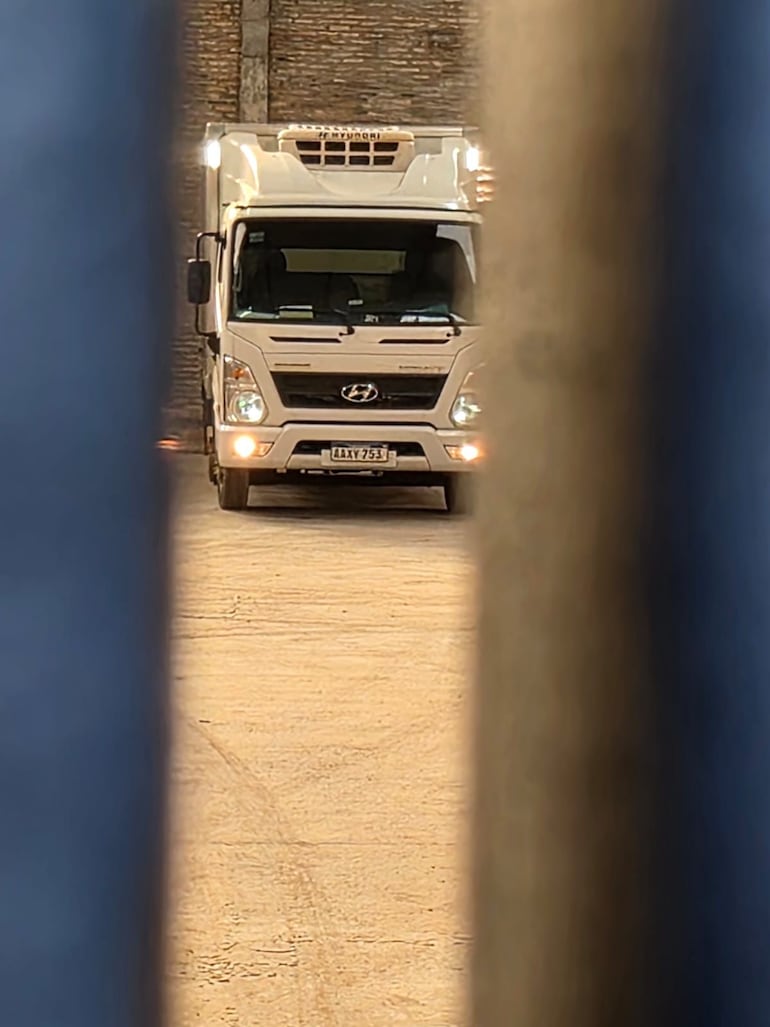 El camión Hyundai con furgón refrigerado en el  que transportaban la tizerpatida, estacionado en el fondo del depósito.