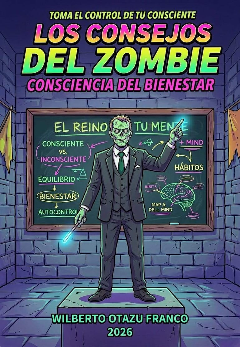 Un zombi en traje oscuro con varita de luz, presenta conceptos sobre bienestar en un aula oscura con pizarra.