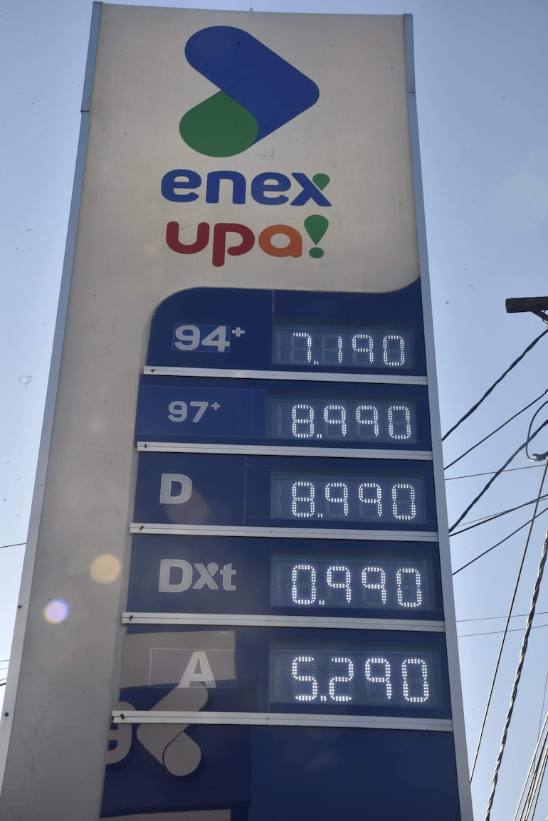 Cartel con precios de combustibles, incluyendo enex y otras cifras en pantalla de computadora.