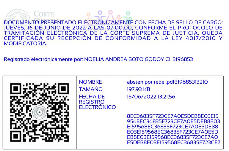 Facsímil del sello de cargo electrónico a la imputación presentada por la fiscal Noelia Soto.