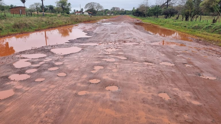 Carretera deteriorada de tierra con charcos de agua y vegetación a ambos lados, sin personas presentes.