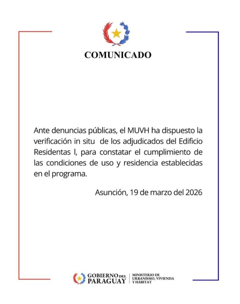 Comunicado emitido por el MUVH cerca de las 11:30 de este jueves, sobre la verificación del Edificio Residentas I en Luque.