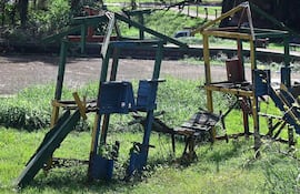 Estructuras de juego de madera en área verde deteriorada, sin personas presentes y césped alto.