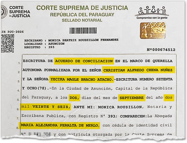 Facsímil del acuerdo firmado por Chena con Yecika Bracho