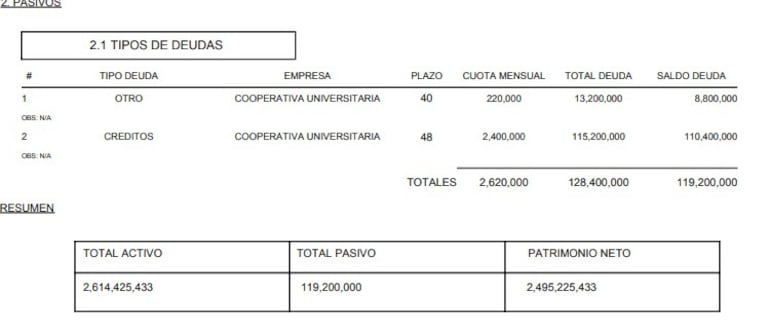 Resumen del patrimonio de Luis David Jiménez Prieto.