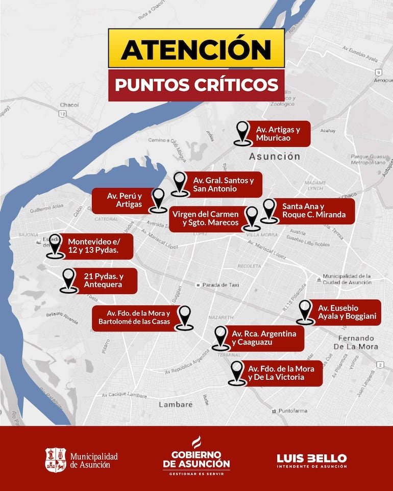 Mapa de Asunción con puntos críticos de tránsito destacados, sin personas visibles, ambiente urbano claro.