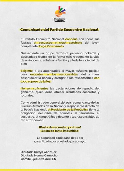 Comunicado del Partido Encuentro Nacional sobre el secuestro y asesinato de Jorge Ríos.