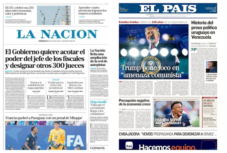 Portadas de 'La Nación' y 'El País' sobre fútbol y política, con titulares destacados sobre Francia y Paraguay.