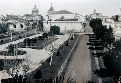 Parque deshabitado con árboles alineados y edificios históricos en el fondo, en blanco y negro.