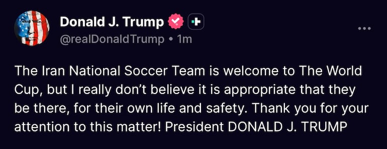 La publicación de Donald Trump sobre la participación de Irán en la Copa del Mundo.