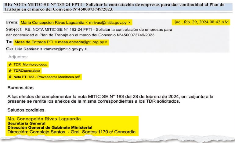 La comunicación al Parque Tecnológico Itaipú fue remitida el 29 de febrero de 2024 por parte de María Concepción Rivas Laguardia, secretaria de Gustavo Villate.