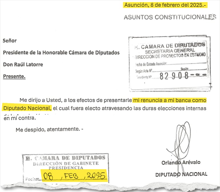 Nota de renuncia presentada por Arévalo el 8 de febrero de 2025 tras el escándalo de chats.
