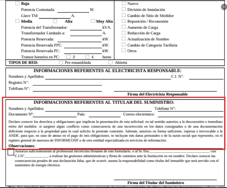 Autorización que se firma al contratar el suministro de la ANDE.