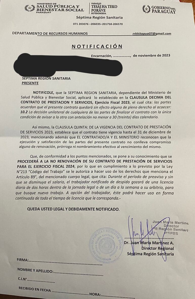 Nota de no renovación de contrato.