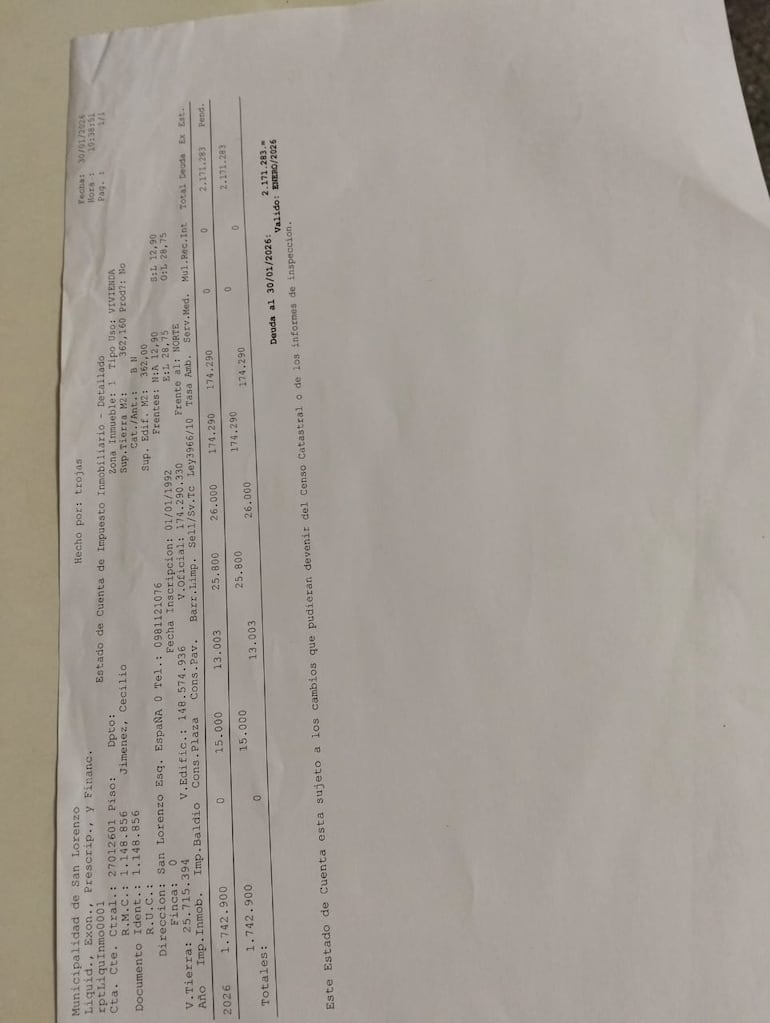 En el documento expedido por la Municipalidad figura la cuenta corriente catastral de la propiedad.