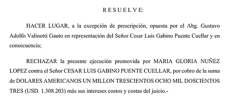 Resolución del juez Juan Francisco Blanco Bogado, que rechazó la ejecución de los cheques a favor de la Abg. María Gloria Núñez.