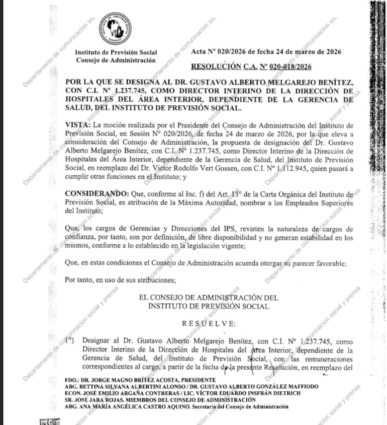 Resolución del IPS por el que se designa al Dr. Gustavo Melgarejo como responsable de la Dirección de Hospitales del Área Interior.