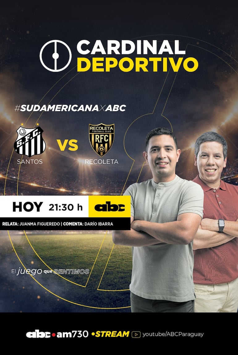 Santos vs. Recoleta FC por ABC Cardinal 730 AM, ABC del Este 107.1 FM ABC Paraguay en Youtube.