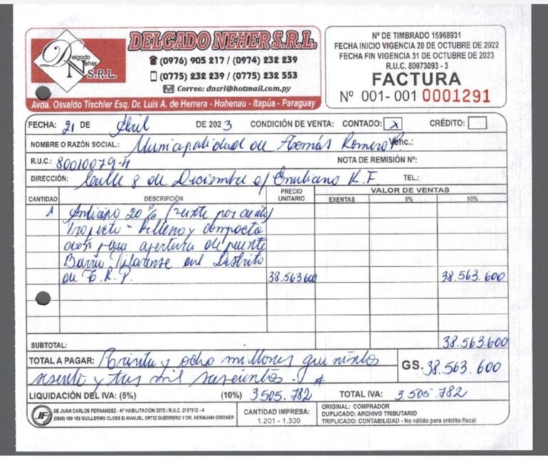 Factura de empresa Delgado Neher.