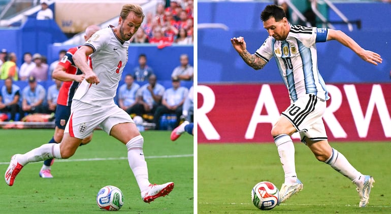 El delantero de Inglaterra Harry Kane y el atacante de Argentina Lionel Messi, dos de los grandes protagonistas que tendrá el duelo entre Inglaterra y Argentina, que se enfrentarán en las semifinales del Mundial 2026.