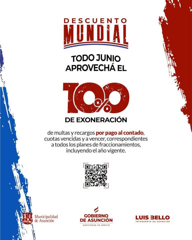 Cartel con diseño gráfico en azul, rojo y blanco, destacando un descuento del 100% en multas y recargos, con código QR inclusivo.