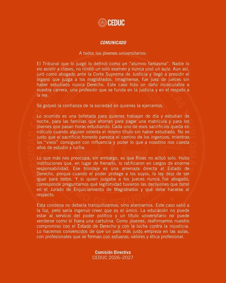 Comunicado de Ceduc con fondo naranja y logo, señalando la falta de integridad en la educación y justicia.