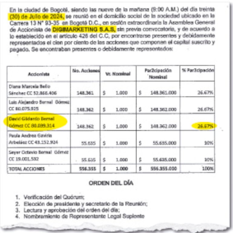 La agencia Digimarketing SAS, ejecutora de los anuncios “oficialistas” en Google, realizó en Colombia una asamblea el 30 de julio de 2024, pocos días después del regreso de la entonces viceministra Duarte al país. El acta presentaba a David Bernal como directivo de la empresa.