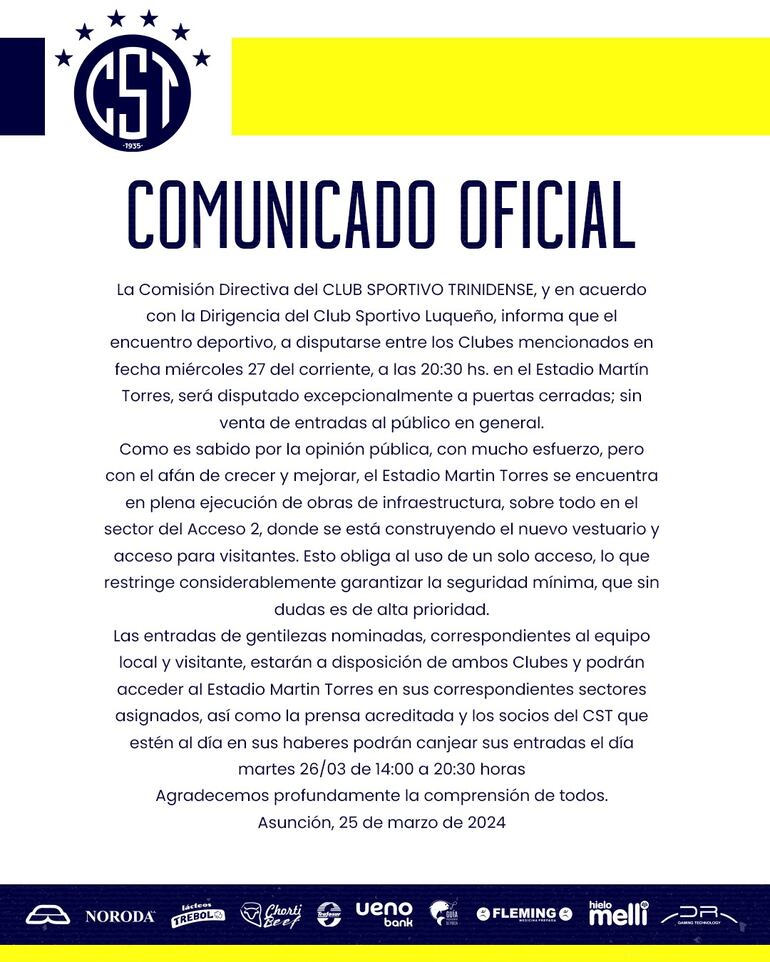 El comunicado del Sportivo Trinidense sobre el partido frente a Sportivo Luqueño.