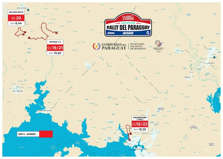 Mapa del Rally del Paraguay 2026, destacando tramos y logotipos de patrocinadores y autoridades del evento.
