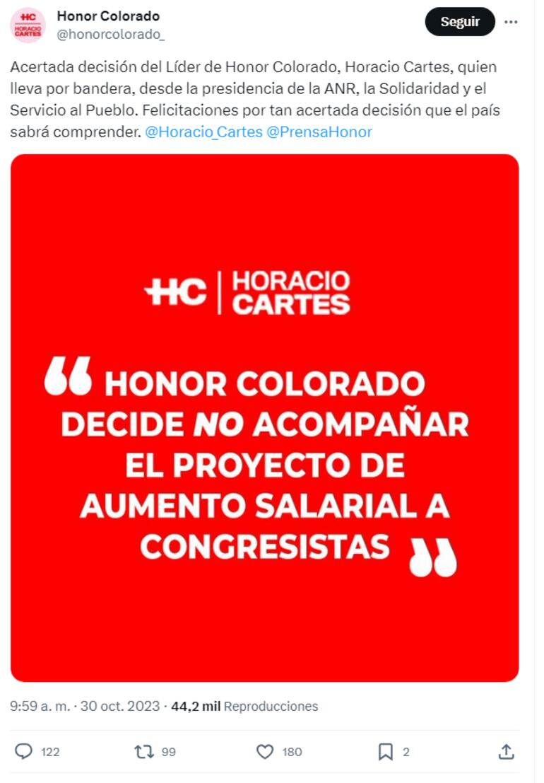 Comunicado de Honor Colorado y Horacio Cartes en el que anuncian que no acompañarán proyecto de aumento salarial para los congresistas.