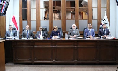 La presidenta del JEM, Alicia Pucheta (c), el vicepresidente 1° y ministro de la Corte Manuel Dejesús Ramírez Candia (i), el vicepresidente 2° y ministro de la Corte César Antonio Garay Zuccolillo (d), los diputados Alejandro Aguilera (i) (ANR-HC) y Diego Candia (d) (ANR-HC); así como los senadores Mario Varela (i) (ANR-Abdista) y Pedro “Pipó” Díaz Verón (d) (ANR-HC), así como el consejero Enrique Berni (ANR-HC), quien participó por medios telemáticos.