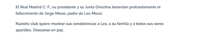 El comunicado de Real Madrid por la muerte de Jorge Messi, el papá de LIonel Messi.
