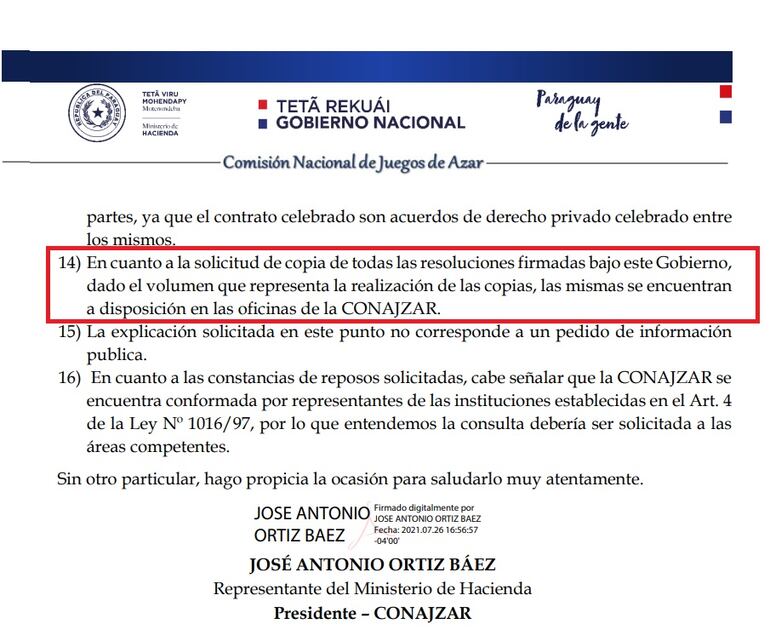 Facsímil de la respuesta de José Ortiz al pedido de copia de las resoluciones, en la cual indica que se encuentran a disposición en las oficinas. Desde entonces, sistemáticamente impide que se acceda a los documentos de forma física.