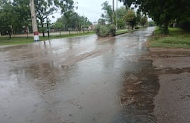 Calle con asfalto mojado y charcos tras lluvia intensa, flanqueada por árboles y postes de electricidad, sin personas visibles.
