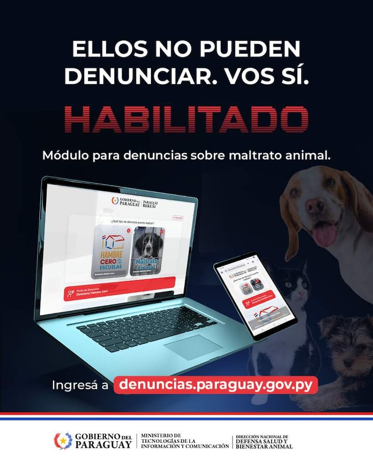Una computadora portátil y una tablet muestran la interfaz para denuncias de maltrato animal, con imágenes de animales en el fondo.