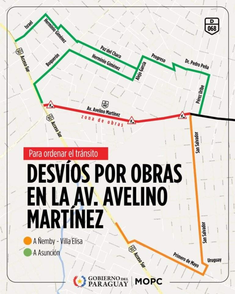 Mapa señalando desvíos en Avenida Avelino Martínez, desde Pérez Uribe hasta Acceso Sur.