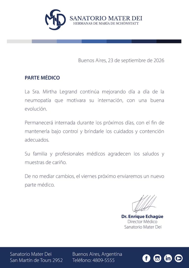 Parte médico del Sanatorio Mater Dei, con texto sobre la mejoría de Mirtha Legrand y detalles sobre su evolución.
