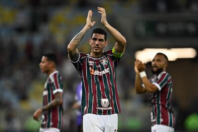 Los jugadores de Fluminense celebran el triunfo sobre Olimpia en el partido de los cuartos de final de la Copa Libertadores 2023 en el estadio Maracaná, en Río de Janeiro.