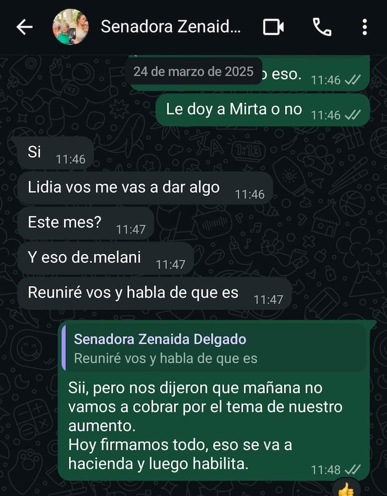Captura de pantalla de chat donde se menciona a la senadora Zenaida Delgado y discusiones sobre trabajo y aumentos salariales.