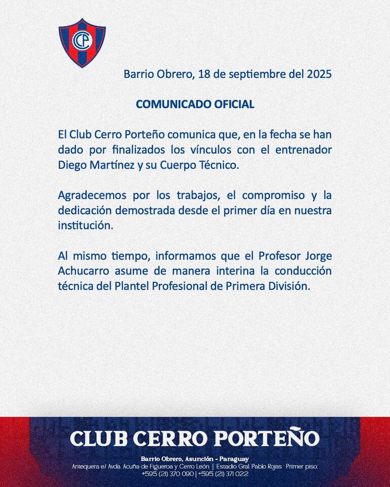 La comunicación de Cerro Porteño sobre la destitución de Diego Martínez.