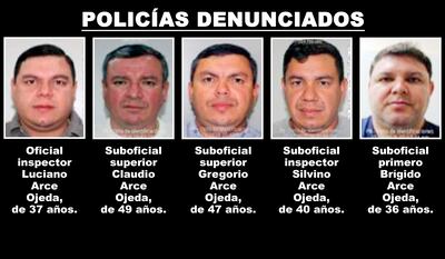 Oficial inspector Luciano Arce Ojeda, suboficial superior Claudio Arce Ojeda, suboficial superior Gregorio Arce Ojeda, suboficial inspector Silvino Arce Ojeda y suboficial primero Brígido Arce Ojeda, denunciados por los hermanos Britos.