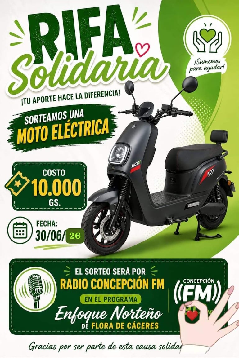 Anuncio colorido de rifa solidaria con ilustración de moto eléctrica en el centro y texto en verde y amarillo.