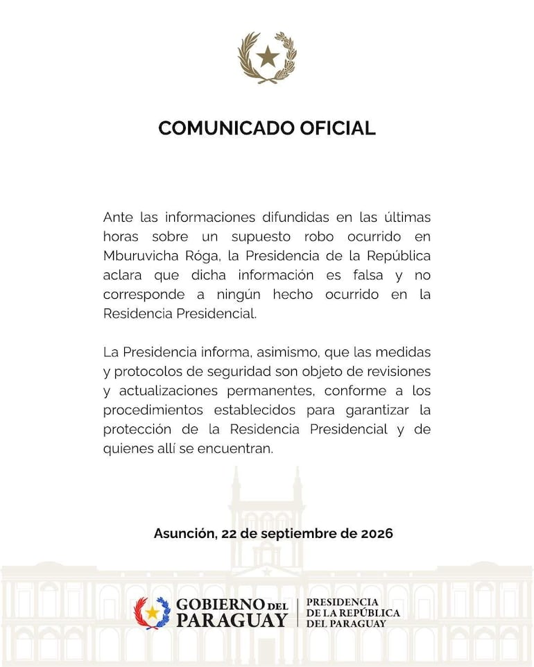 Comunicato oficial en papel con emblema del Gobierno de Paraguay, aclarando rumores sobre seguridad en Mburuvicha Róga.